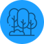 circular logo with an outline of trees on a blue background